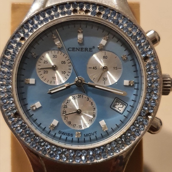 Vtg Cenere BW-988 Silver/Blue Rhinestone Silicone Chrono Women's Watch w/Date - Picture 3 of 5